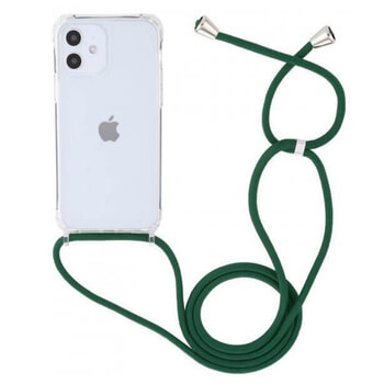 Priehľadný silikónový ochranný kryt so šnúrkou na krk pre Apple iPhone 15 Plus - tmavo zelená