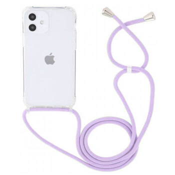 Priehľadný silikónový ochranný kryt so šnúrkou na krk pre Apple iPhone 15 Pro - svetlo fialova
